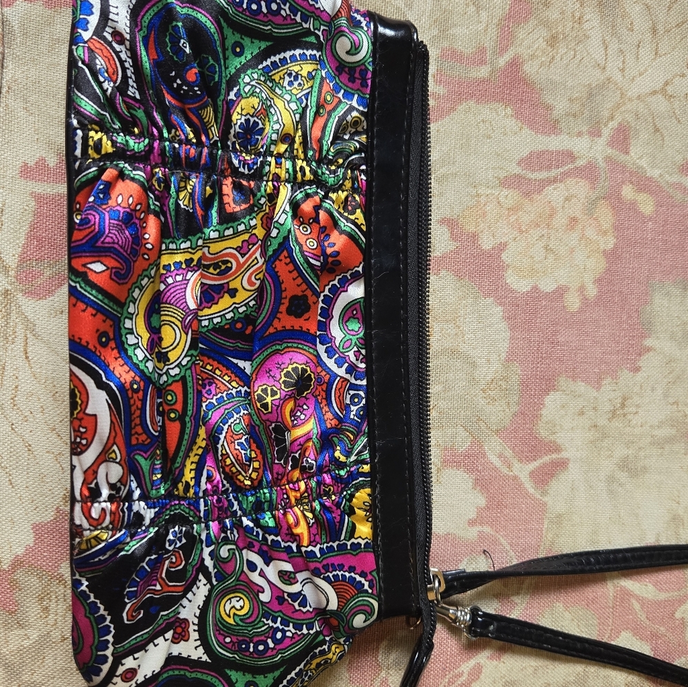 Satin paisley patent leather wristlet small purse